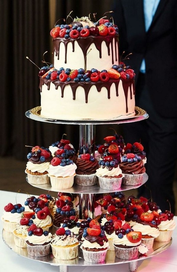 Dripped Strawberry Chocolate Wedding Cake and Cupcakes