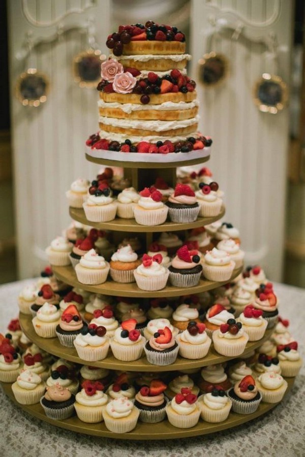 rustic wedding cake with cupcakes