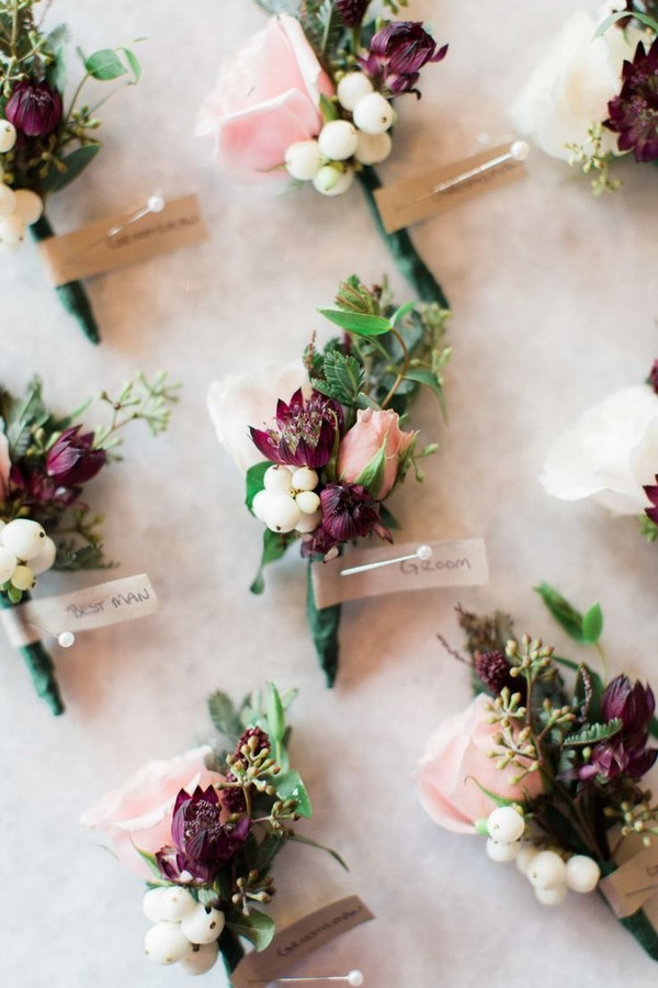 burgundy and green groom corsage