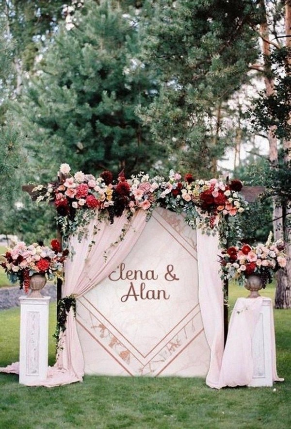 burgundy blush and greenery wedding backdrop