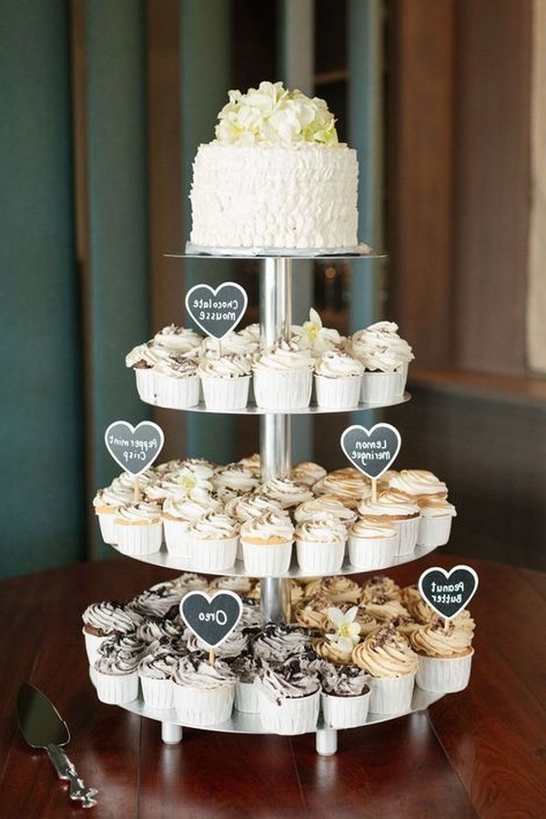 modern simple wedding cake with cupcakes
