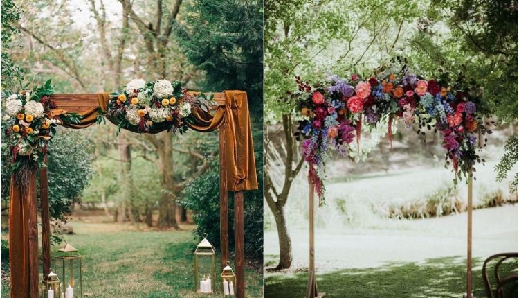rustic outdoor fall wedding arches and backdrops
