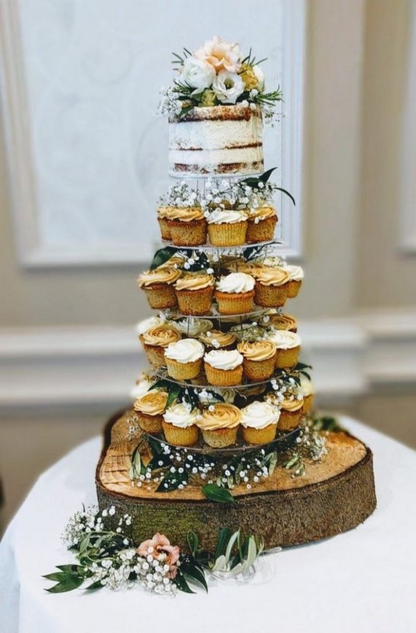 rustic wedding cake with cupcakes