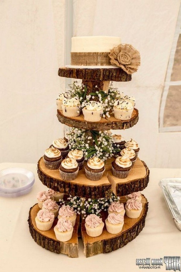 vintage rustic wedding cake with cupcakes