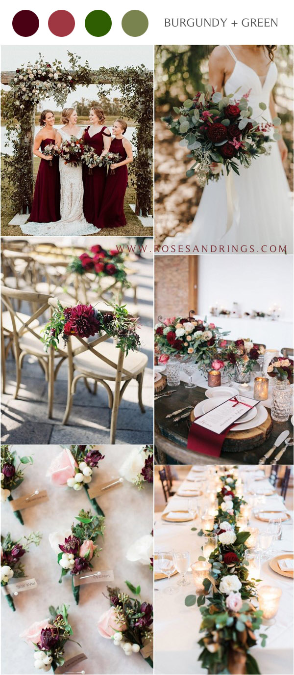 fall burgundy wine and green wedding color ideas