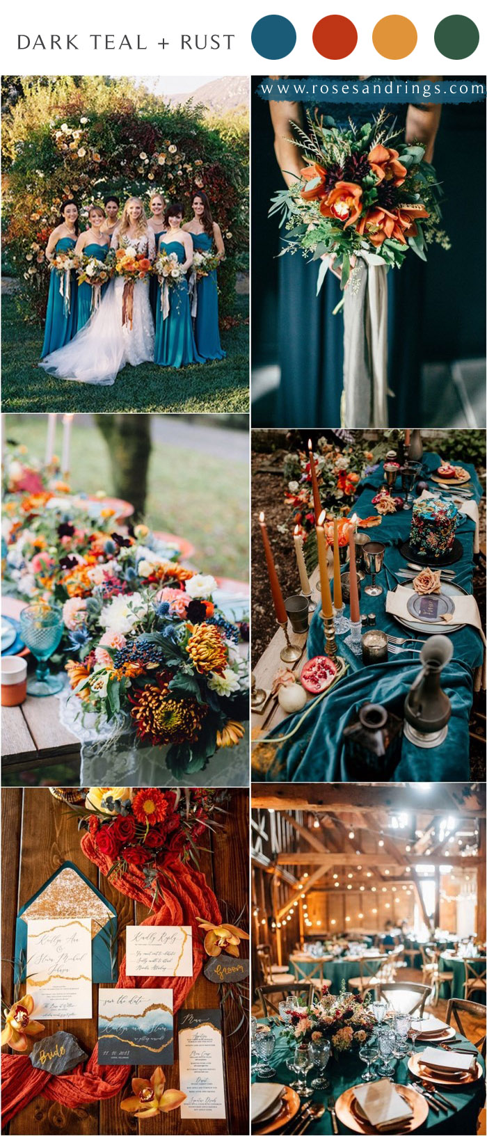 Dark teal and burnt orange rust fall wedding color ideas 2021 #wedding #weddingcolors #weddingideas #fallwedding #blueweddings