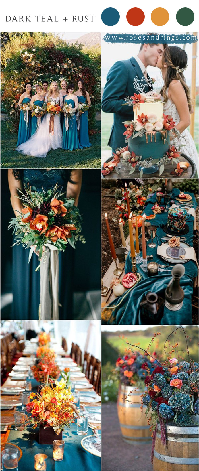 Dark teal and burnt orange rust fall wedding color ideas 2021 #wedding #weddingcolors #weddingideas #fallwedding #blueweddings