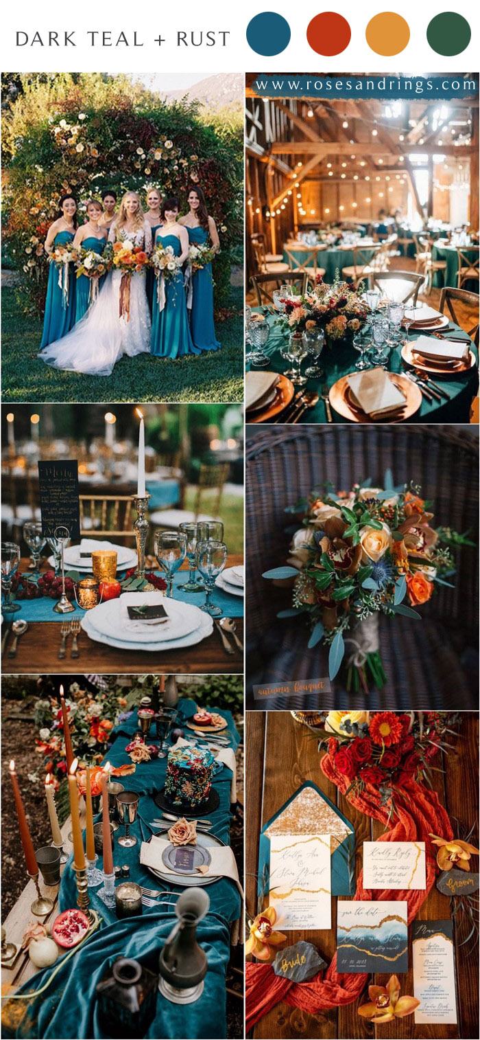 Dark teal and burnt orange rust fall wedding color ideas 2021 #wedding #weddingcolors #weddingideas #fallwedding #blueweddings