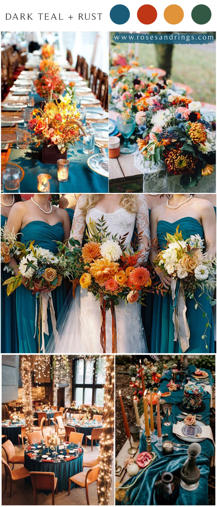 Dark teal and burnt orange rust fall wedding color ideas 2021 #wedding #weddingcolors #weddingideas #fallwedding #blueweddings