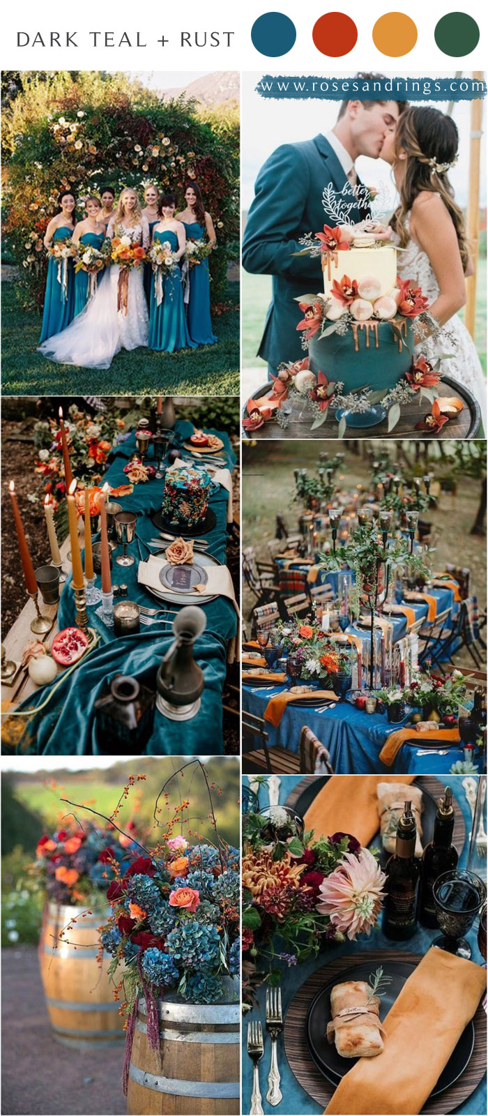 Dark teal and burnt orange rust fall wedding color ideas 2021 #wedding #weddingcolors #weddingideas #fallwedding #blueweddings