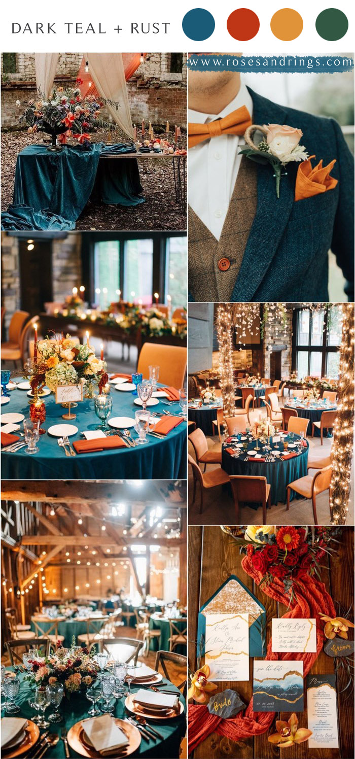 Dark teal and burnt orange rust fall wedding color ideas 2021 #wedding #weddingcolors #weddingideas #fallwedding #blueweddings