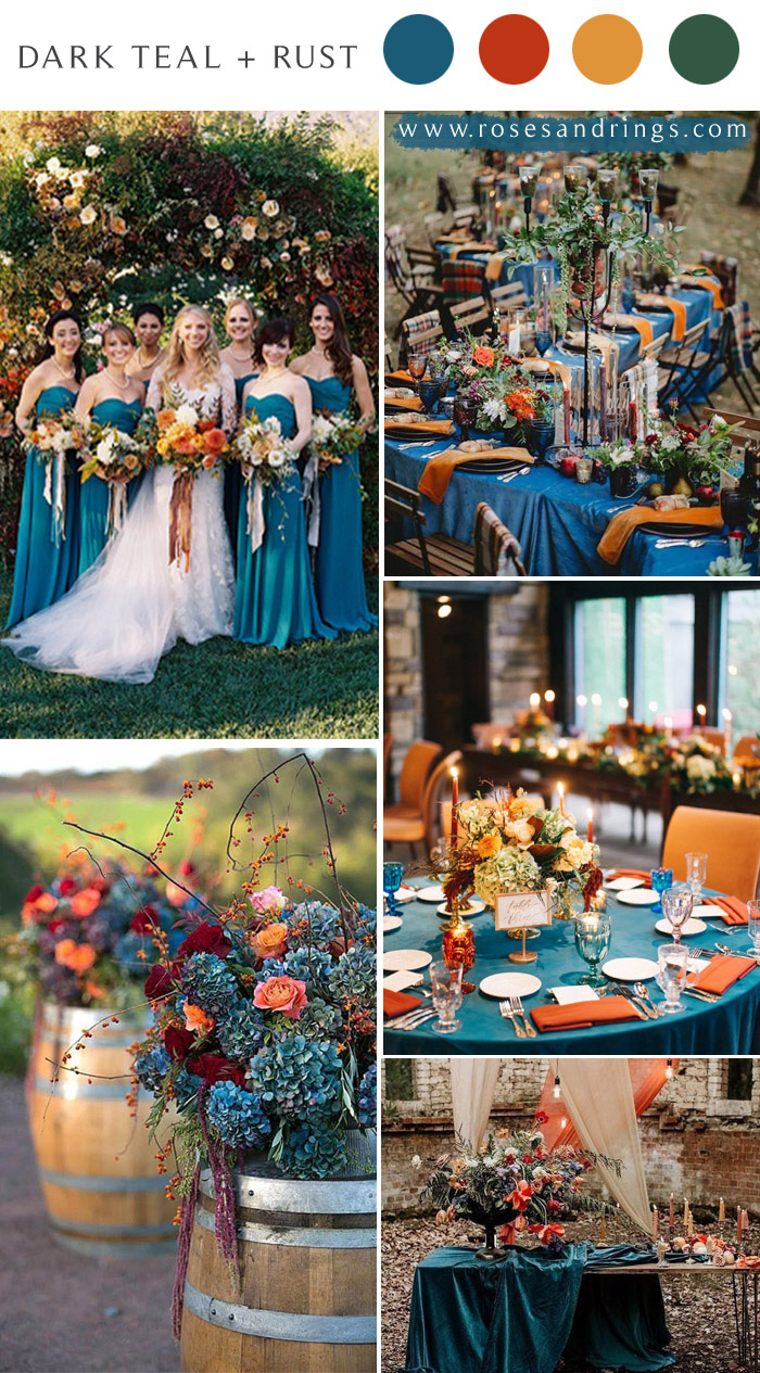 Dark teal and burnt orange rust fall wedding color ideas 2021 #wedding #weddingcolors #weddingideas #fallwedding #blueweddings