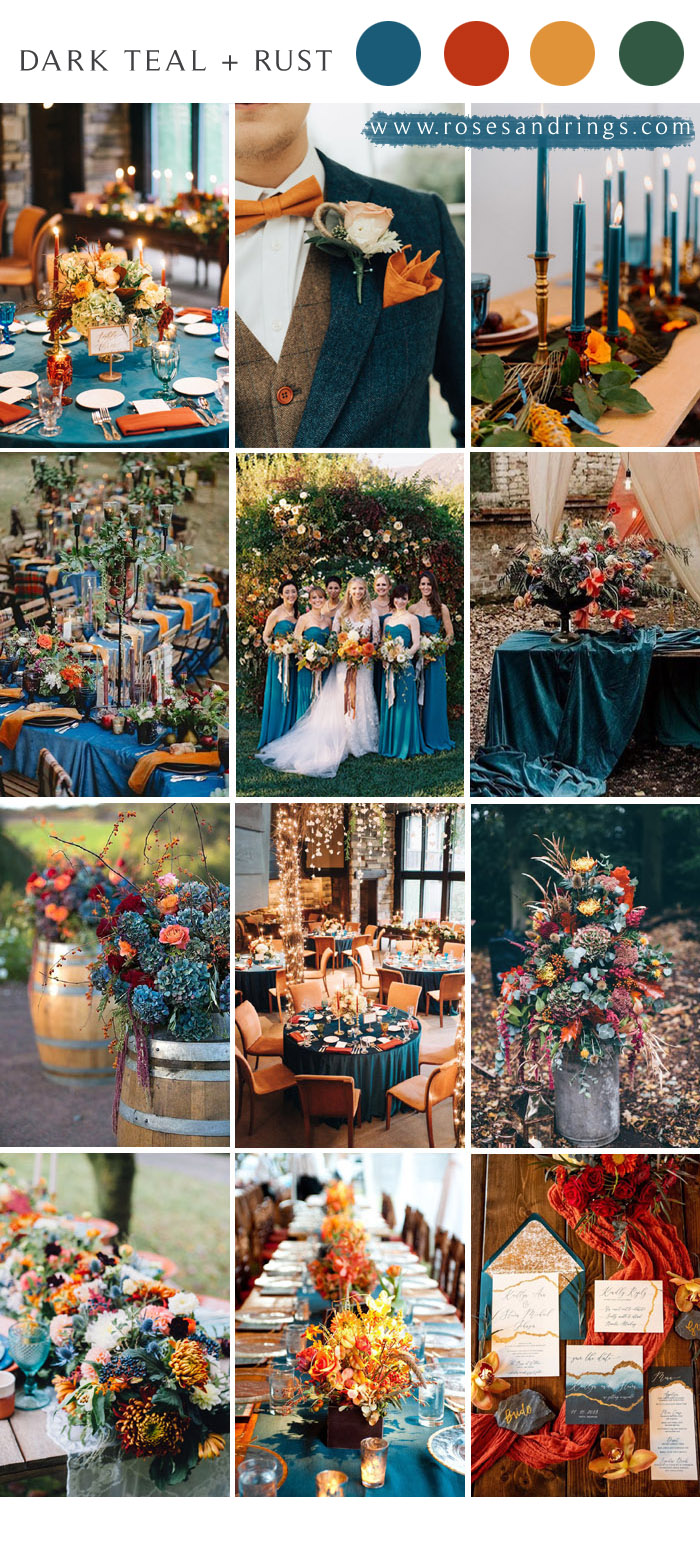 Dark teal and burnt orange rust fall wedding color ideas 2021 #wedding #weddingcolors #weddingideas #fallwedding #blueweddings