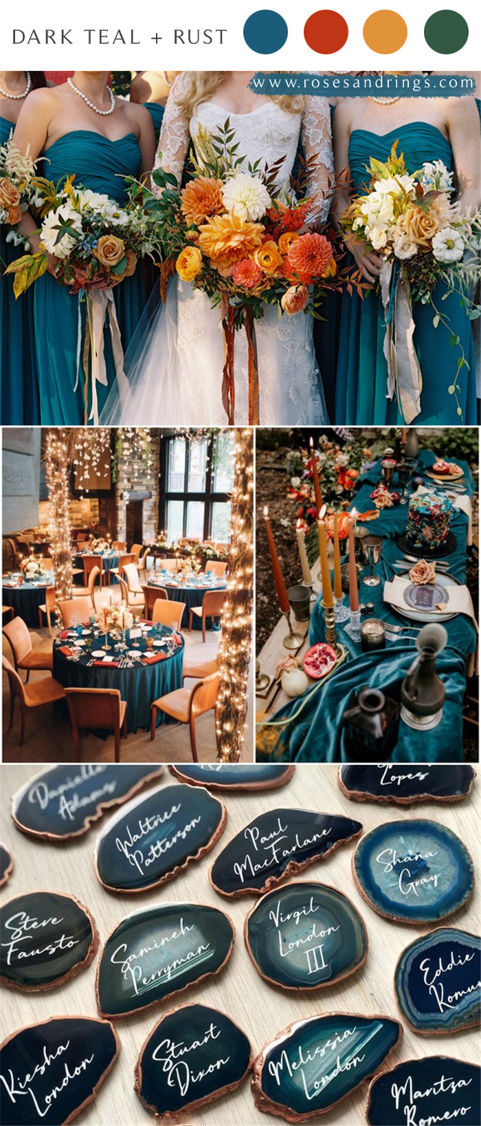 Dark teal and burnt orange rust fall wedding color ideas 2021 #wedding #weddingcolors #weddingideas #fallwedding #blueweddings