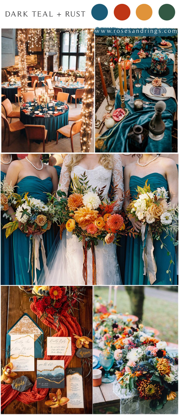 Dark teal and burnt orange rust fall wedding color ideas 2021 4 Roses