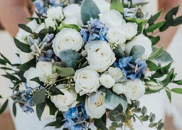 Classic blue white and greenery wedding bouquets