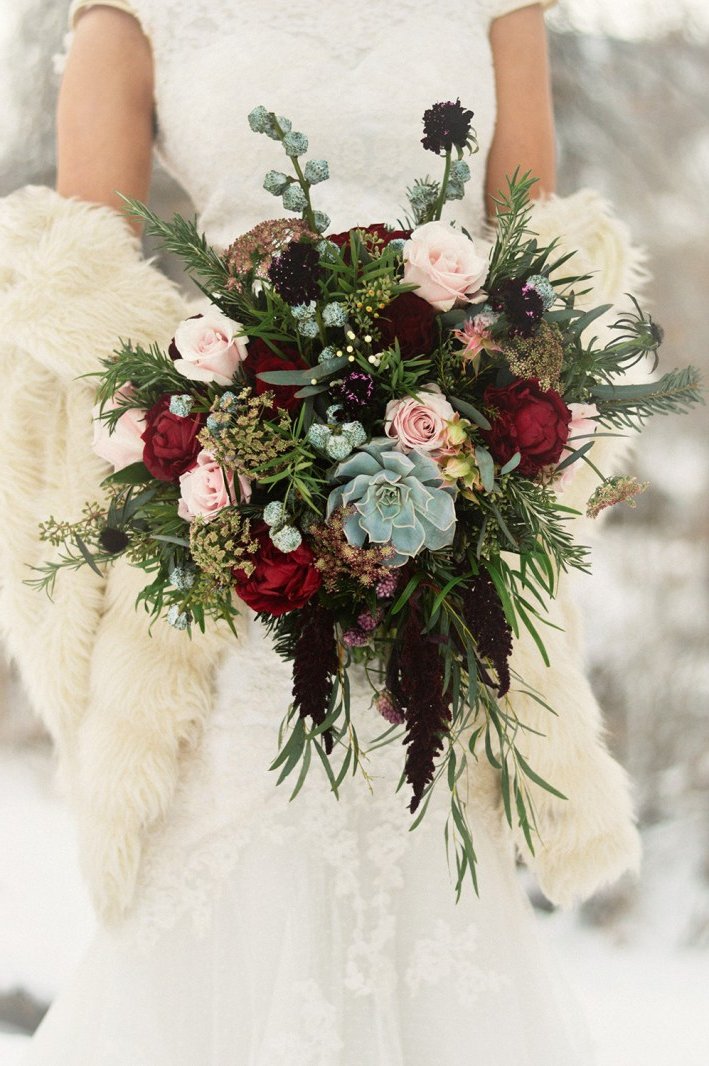gorgeous burgundy and blue organic bridal bouquets