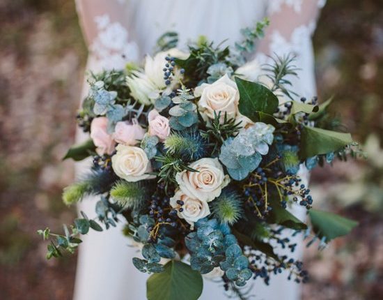 stunning eucalyptus and rose dusty blue and blush winter bridal bouquet