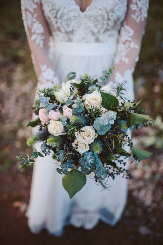 stunning eucalyptus and rose dusty blue and blush winter bridal bouquet