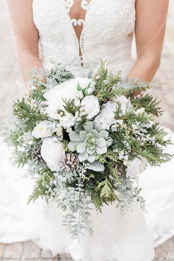 white and green chic intimate winter wedding bouquets