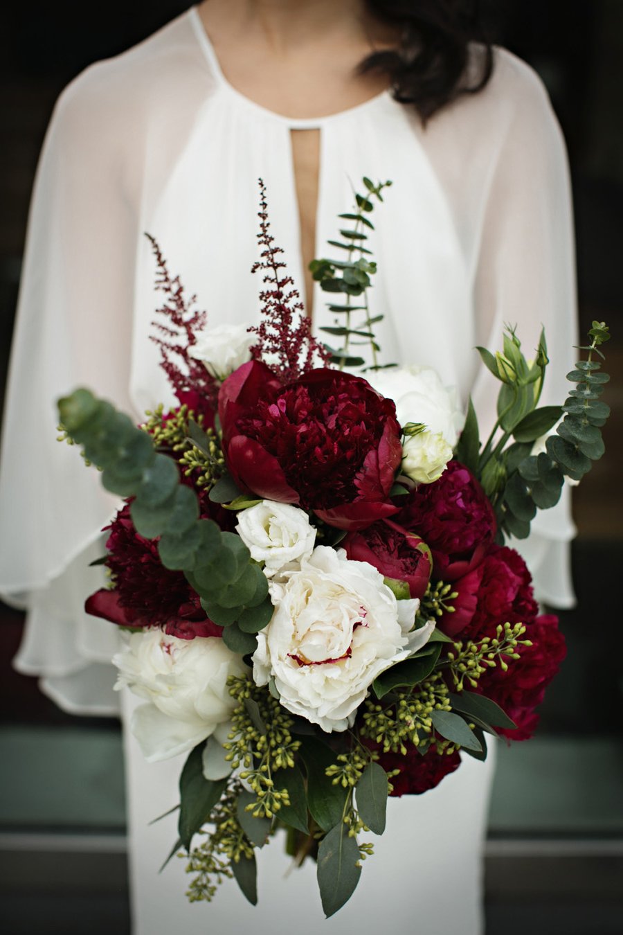 white dark red peonies greenery winter wedding bouquets