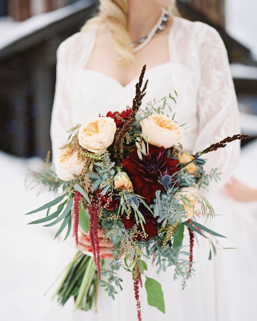 winter wedding bouquets ideas with greenery ranunculus hanging amaranthus and roses 819x1024