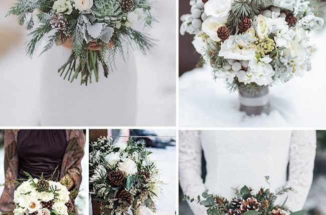 winter wedding bouquets ideas with pine cones
