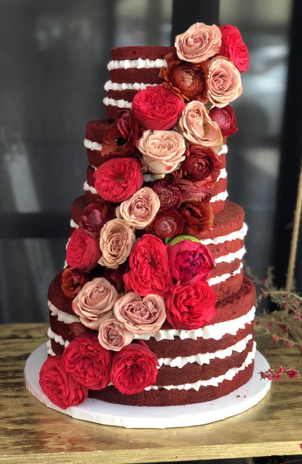 Naked Red velvet wedding cake with roeses