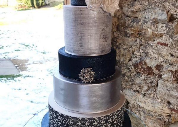 Silver & blue couture iced wedding cake