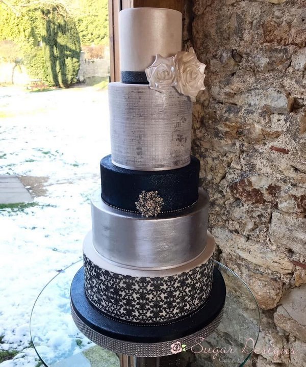 Silver & blue couture iced wedding cake