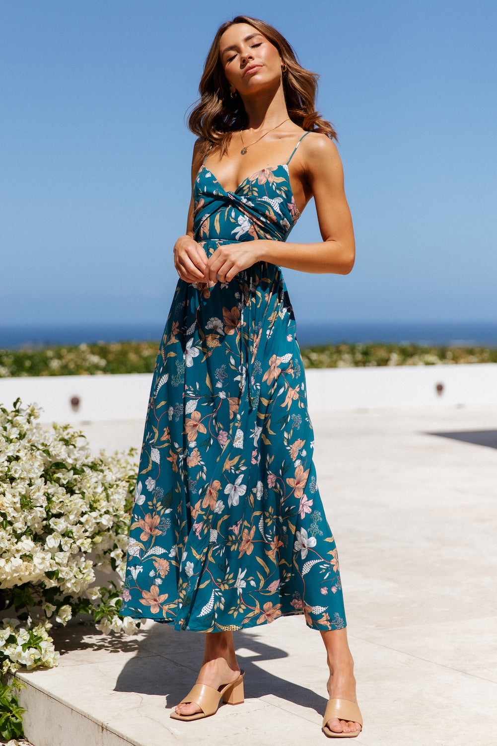 teal printed midi wedding guest dress