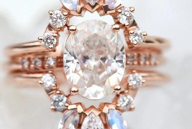 Vinage Elle Moissanite Diamond Moonstone 3 Engagement Ring Set2