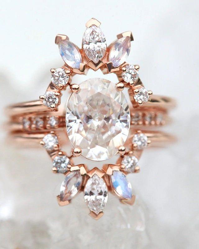 Vinage Elle Moissanite Diamond Moonstone 3 Engagement Ring Set2