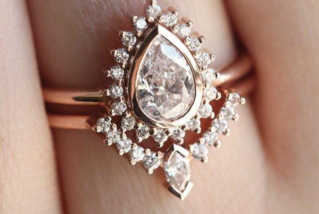 Vintage Moissanite and Diamond Rose Gold Engagement Ring Set 14k