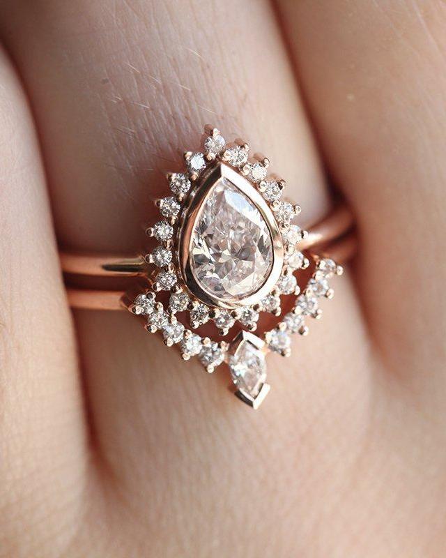 Vintage Moissanite and Diamond Rose Gold Engagement Ring Set 14k