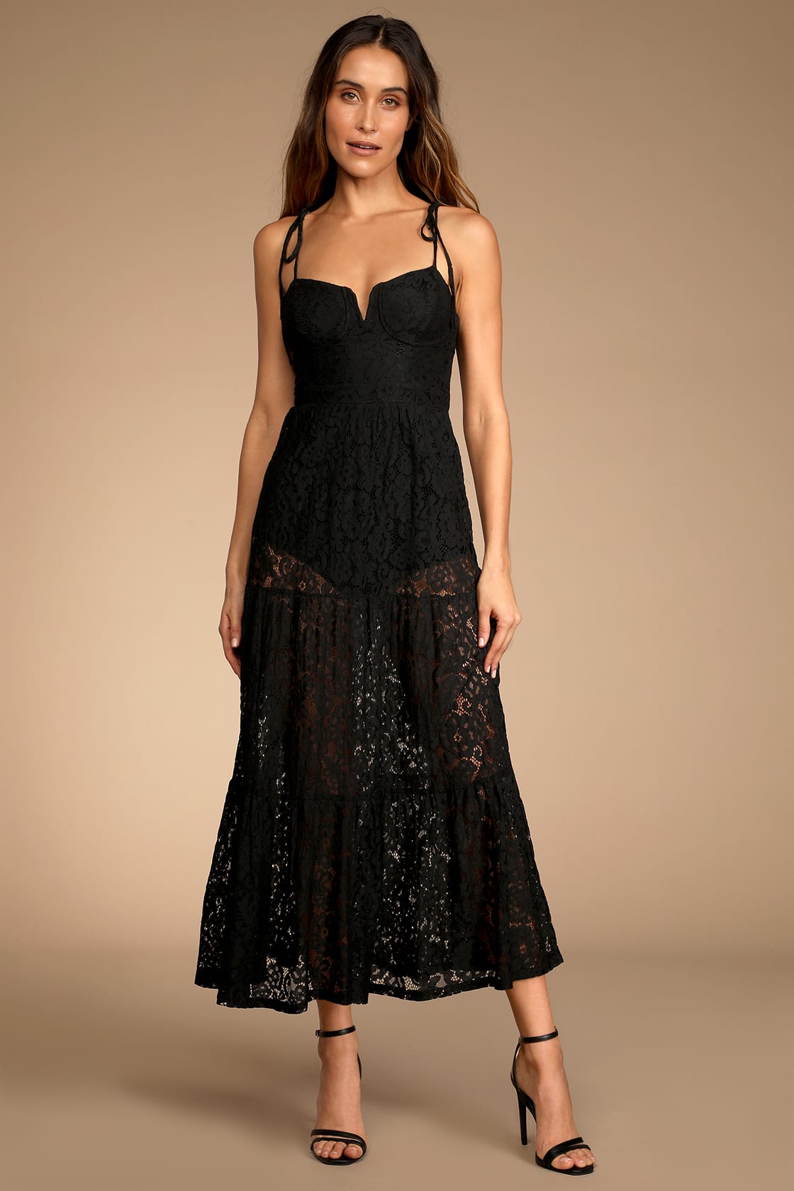 Extra Alluring Black Lace Tiered Tie-Strap Midi Bodysuit Dress