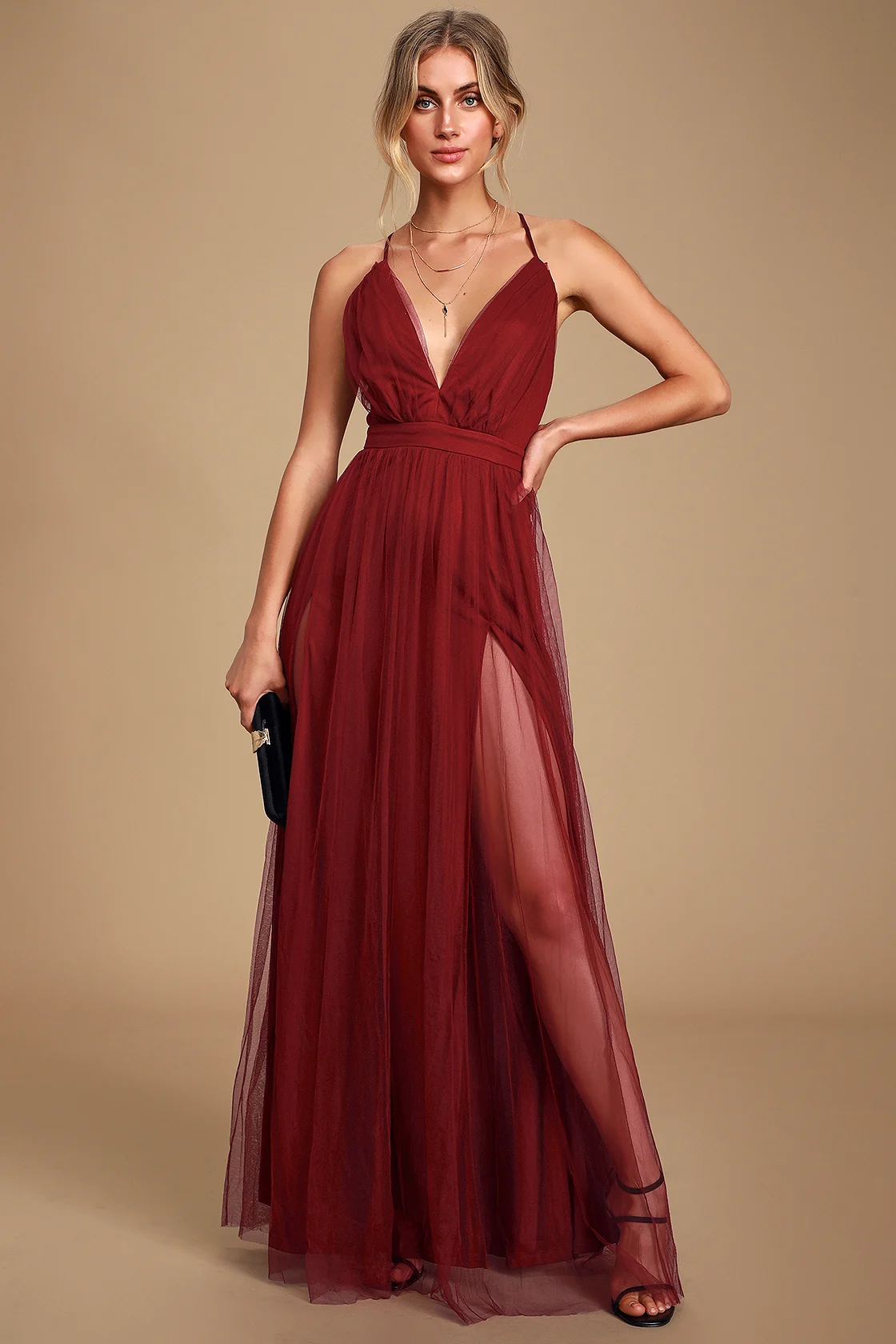 Rare Beauty Burgundy Backless Maxi Dress