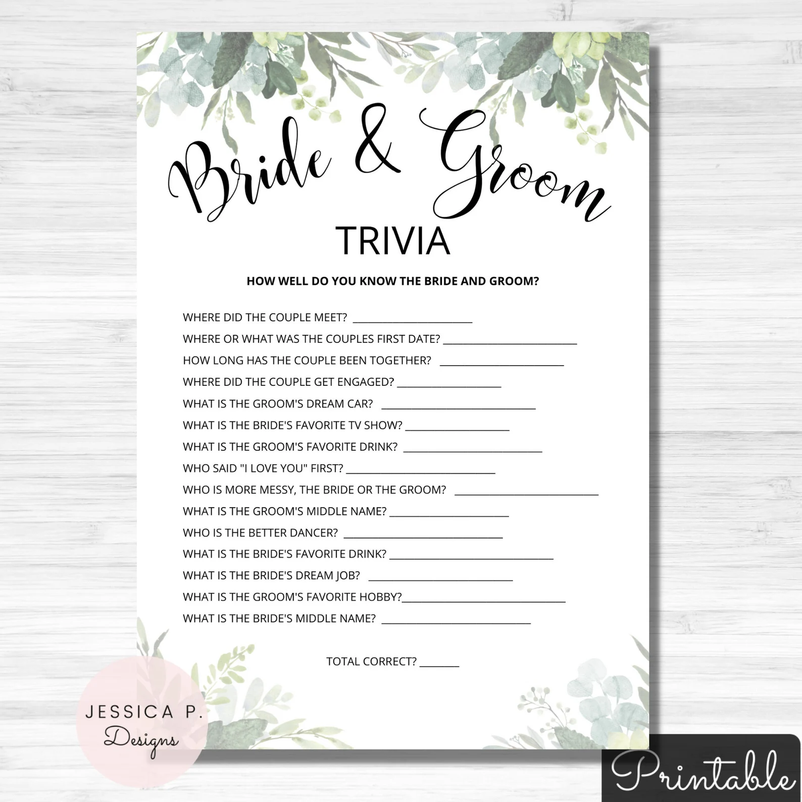Greenery Bridal Shower Games Bride and Groom Trivia