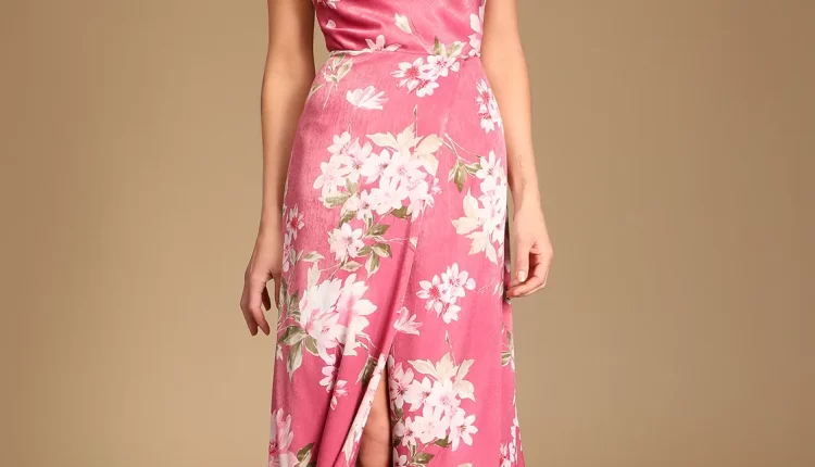 Pink Floral Print Satin Cowl Neck Maxi Black-tie Wedding Guest Dress