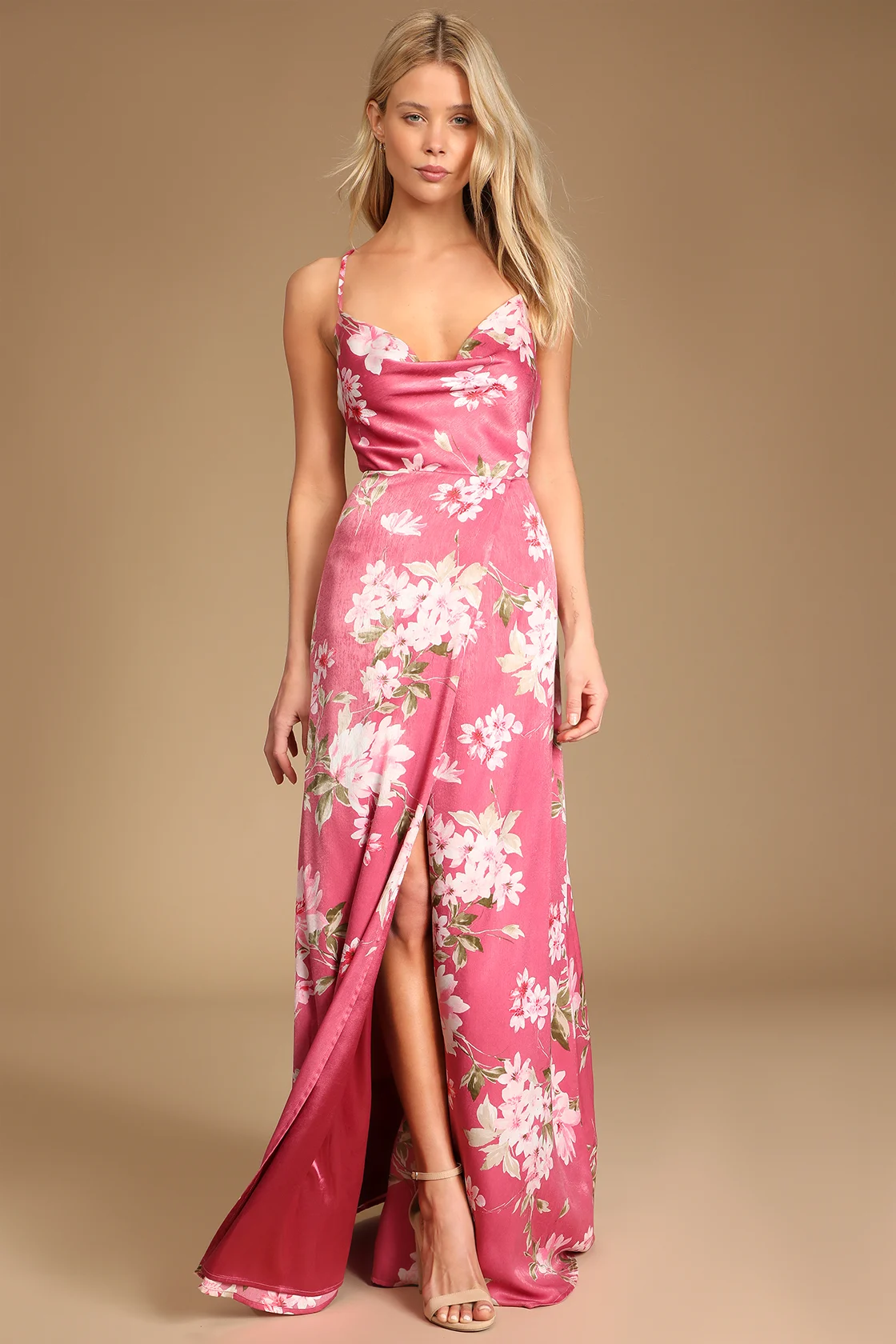 Love of Romance Pink Floral Print Satin Cowl Neck Maxi Dress