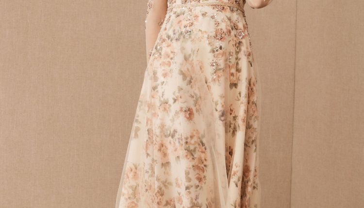 pink floral printed long sleeve foraml wedding guest dress with beadwork and sequins