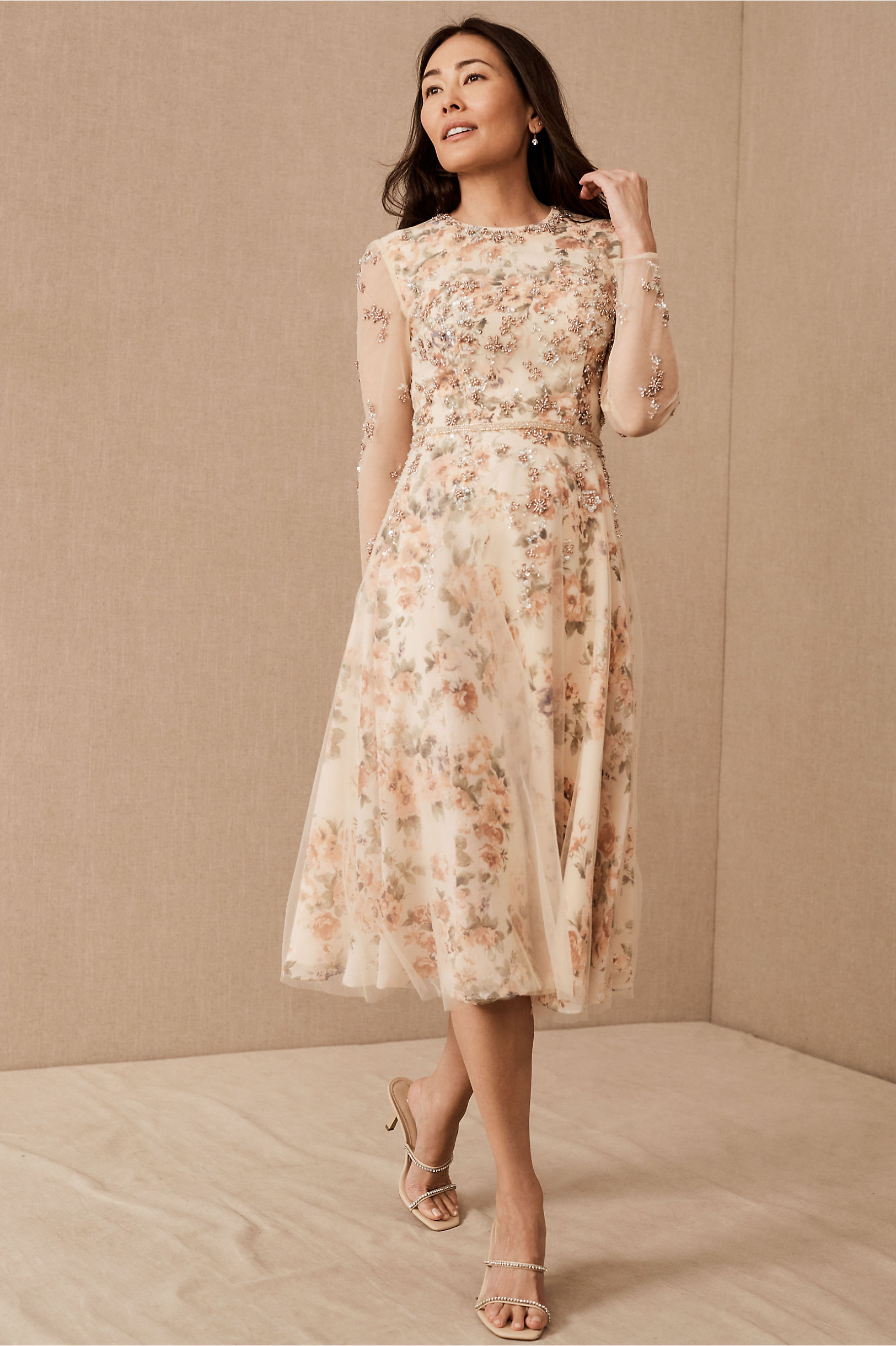 pink floral printed long sleeve foraml wedding guest dress with beadwork and sequins
