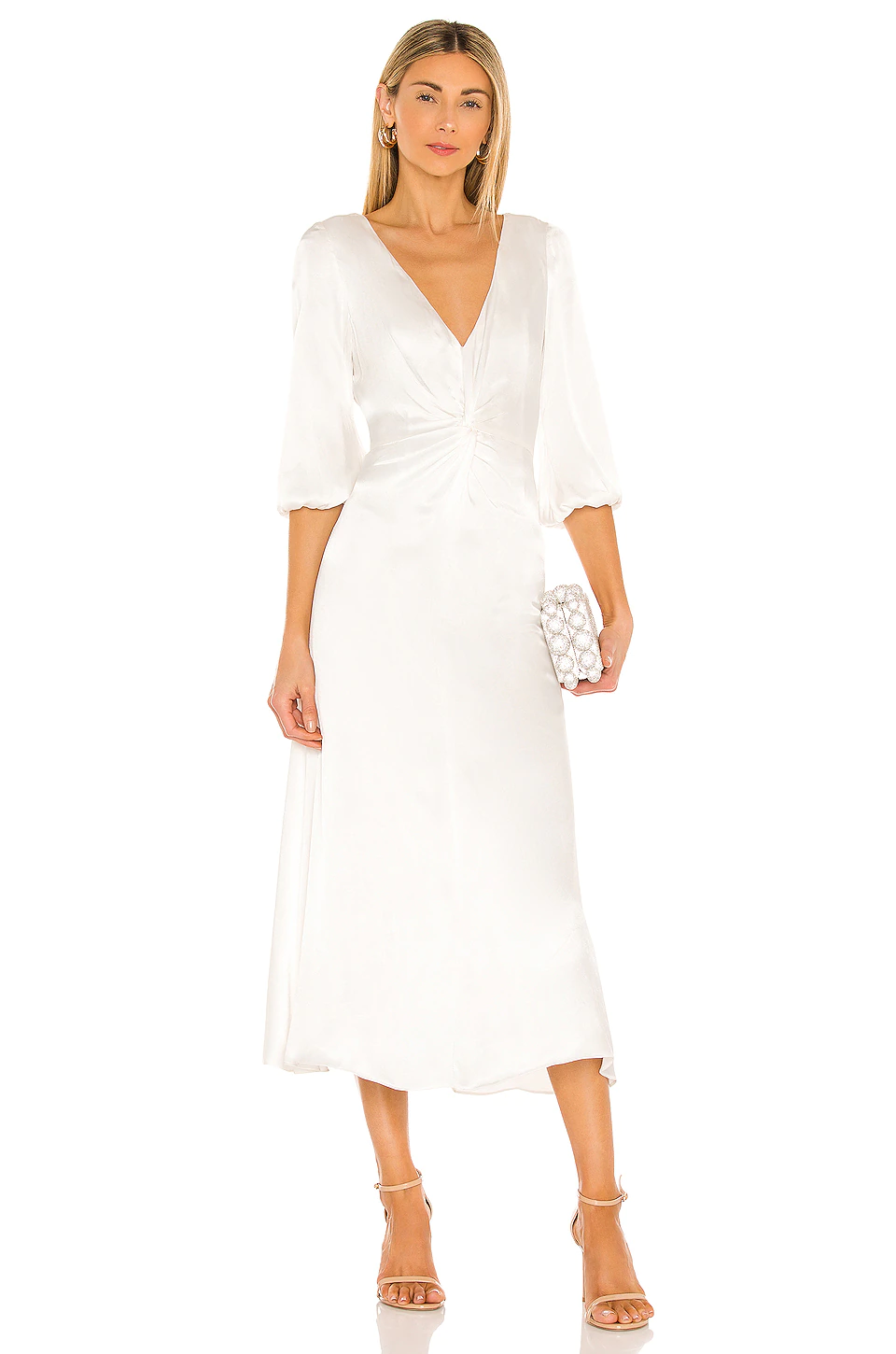 satin midi v-neck white wedding bridal dress