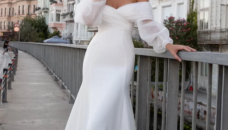 off the shoulder satin mermaid wedding dress with long sleeves