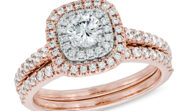 14K Rose Gold Engagement Ring Diamond Double Frame Bridal Set