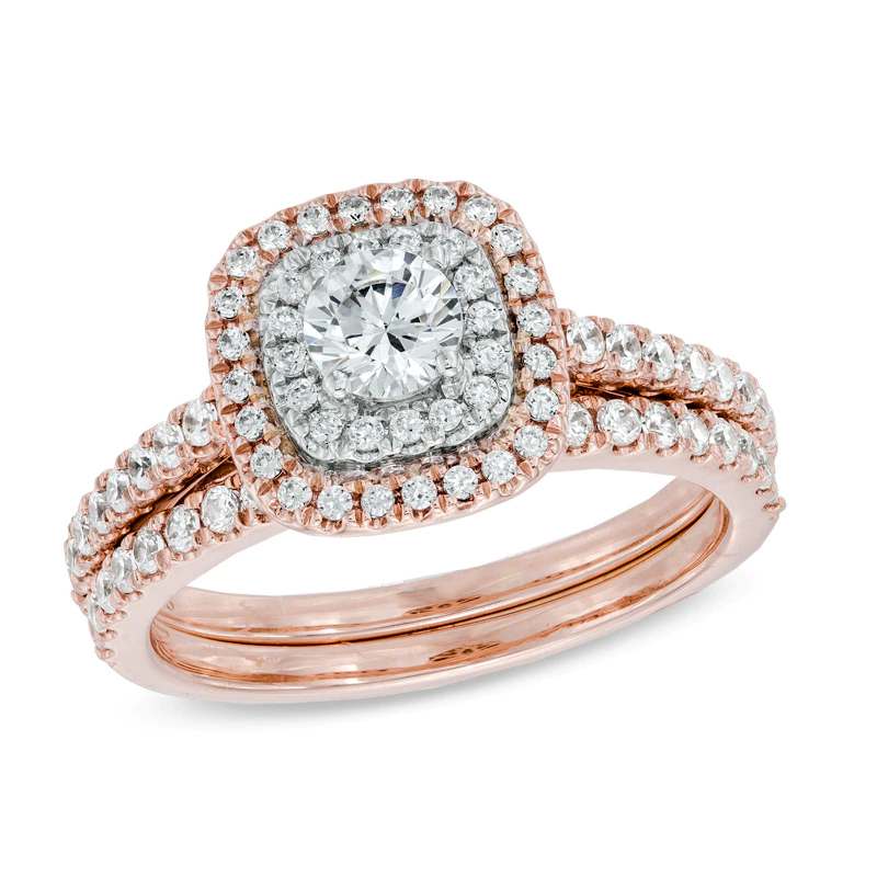 14K Rose Gold Engagement Ring Diamond Double Frame Bridal Set