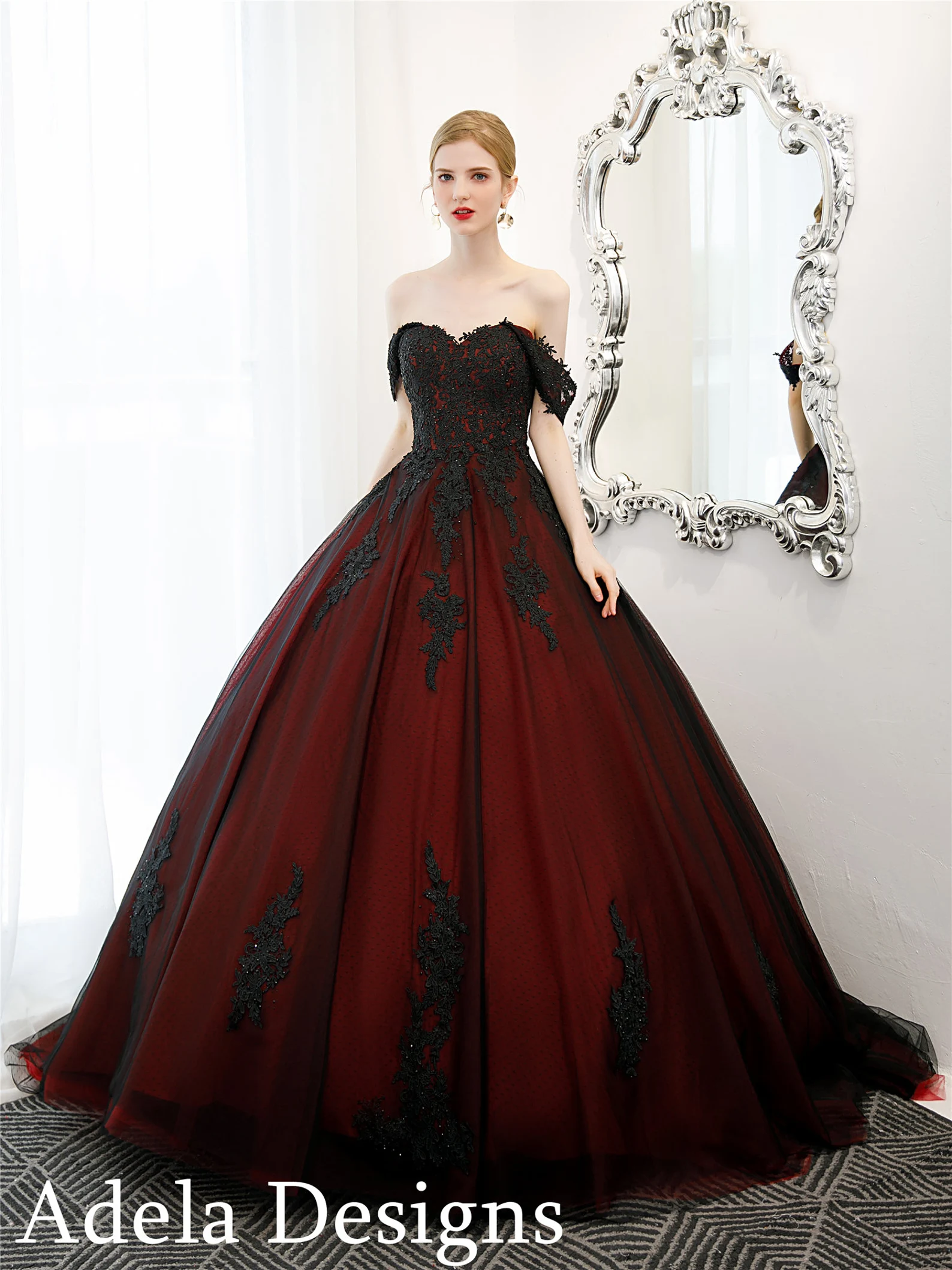 Black And Dark Red Ball Gown Gothic Wedding Dress