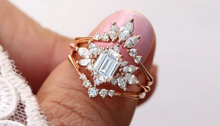 Emerald cut Moissanite Engagement Ring Set