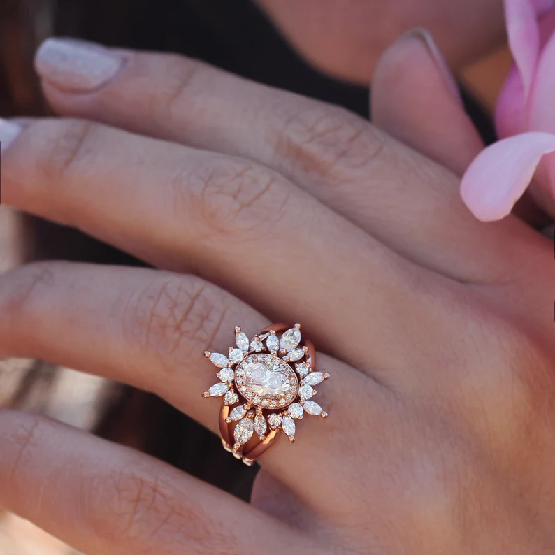 Oval Moissanite Rose Gold Engagement Rings Set