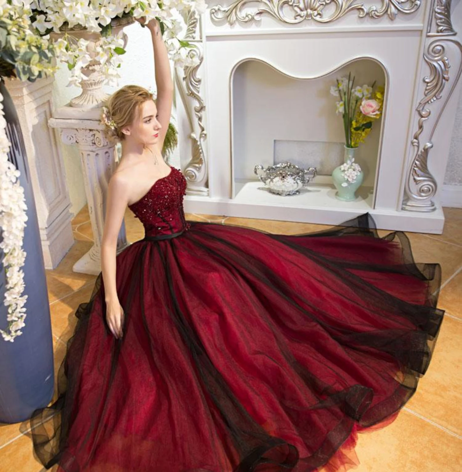 Strapless Deep Red and Black Gothic Ball Gown Wedding Dress